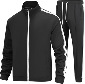 Ensemble de survêtement noir pour homme, style rétro, avec poignets côtelés rayés, tissu très élastique, ensemble de jogging 2 pièces - Vêtements de fitness OEM/ODM - Product Image 6