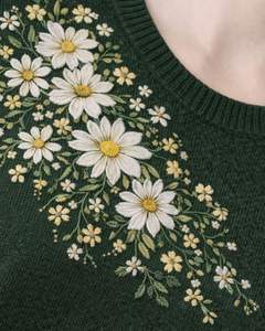 Gilet d'été décontracté et élégant pour femme, vert foncé personnalisé, sans manches, en tricot, avec broderie florale, col rond, doux et léger - Product Image 6