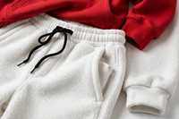 Ensemble de survêtement unisexe en polaire rouge respirant avec sweat à capuche et pantalon de jogging blanc, décontracté, avec cordon de serrage, poches et logo frontal, idéal pour l'hiver