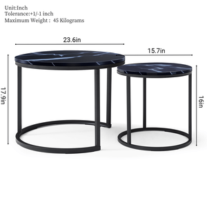 <b>Set</b> of 2 Circular <b>Marble</b> Pattern Wooden <b>Coffee</b> <b>Tables</b> with Black Frame and Top for Living Room Bedroom Apartment Tea <b>Table</b> Use - Product Image 6