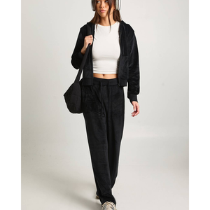 Conjunto de 2 piezas de joggers de terciopelo personalizados de color liso, estilo urbano de invierno, forro polar grueso, cómodo, talla grande, con cremallera, chándal a juego - Product Image 1