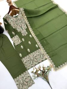 Costume Anarkali en soie vert olive brodé pour femmes, longueur au sol, tenue de mariage indienne traditionnelle, coupe régulière - Product Image 3