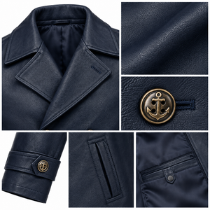 <b>Men's</b> Genuine Leather <b>Pea</b> <b>Coat</b> | <b>Black</b> Brown Navy | OEM ODM Manufacturer | Premium Quality Design | Leather Wear | - Product Image 4