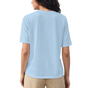 Camiseta de punto azul claro para mujer con aberturas, manga corta, corte holgado minimalista, top de algodón transpirable para primavera/verano - Product Image 2