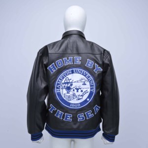 The Standard Men Black Leather Bomber <b>Jacket</b> With Embroidered Hampton Patch Zipper Front Turn-down Collar Preppy Style <b>Jackets</b> - Product Image 2