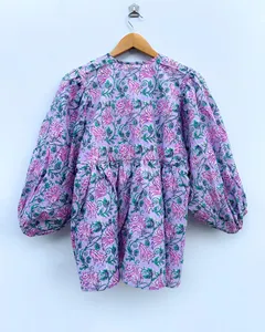 Vestido Mini Casual de Verano con Estampado Floral de Algodón Morado Bohemio, Manga Abullonada, Corte Holgado y Cuello con Lazos - Product Image 1