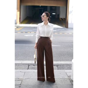 Pantalon large taille haute respirant et ample pour femme, coupe droite, col rabattu, idéal pour le bureau et les trajets quotidiens - Collection Automne Q717 - Product Image 4
