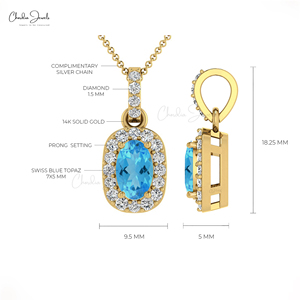 Handmade 14k <b>Solid</b> <b>Gold</b> Genuine 7x5mm Prong Set Swiss Blue Topaz & 1.5mm Pave Diamond Halo <b>Pendant</b> From Wholesale Distributors - Product Image 4