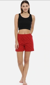 Women's Red Printed Cotton Shorts Mid Waist <b>Elastic</b> Knitted Breathable Regular Fit Casual Style Dot Pattern - Product Image 2