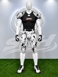 Uniforme de football américain personnalisé noir et blanc pour hommes, maillot à col en V imprimé effet éclaboussures avec pantalon de jeu rembourré, équipe de gridiron personnalisée - Product Image 2