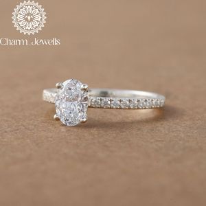 Charm_Jewells Women's <b>Oval</b> Cut <b>Moissanite</b> <b>Engagement</b> <b>Ring</b> 18K Gold Rhodium Plated Prong Setting Classic Style - Product Image 4