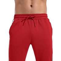 Setelan Olahraga Pria Merah Lengan Panjang Kerah Bulat Pinggang Elastis Saku Samping Bahan Bernapas Kasual Pakaian Musim Gugur Regular Fit Warna Solid