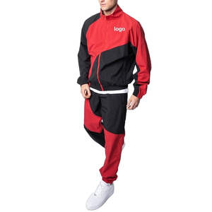 Ensemble de survêtement coupe-vent imprimé color block rouge et noir, séchage rapide, respirant, avec cordon de serrage, vêtements de sport personnalisables avec logo - Product Image 1