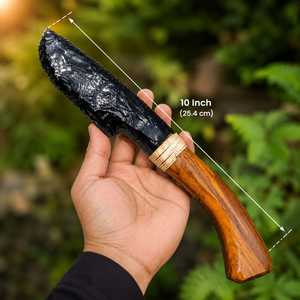 Cuchillo de 10 pulgadas con mango de madera y punta de flecha de obsidiana negra, hecho a mano, tallado, imitación antigua, arte americano, piedra. - Product Image 3
