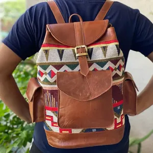 Luxury Premium Quality Bohemian Classic Trendy <b>Backpack</b> Many Pocket Western <b>Leather</b> Hand Printed <b>Backpack</b> With Double Strap set - Product Image 2