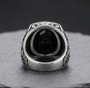 Men's 925 <b>Silver</b> <b>Silver</b> Signet Ring With 10x14mm Oval Black Onyx Gemstone Vintage Floral Pattern Bezel Setting For Everyday Wear - Product Image 4