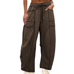 Pantalones de chándal cargo holgados de algodón 100% teñido en prenda, de cintura alta con cordón, de pierna ancha, informales, de moda en TikTok para mujer, ideales para primavera. - Product Image 1