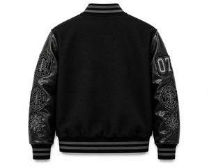 Men's <b>Gothic</b> Varsity <b>Jacket</b> Black PU Leather Embroidered Cross Faith Over Fear Patch Design Turn-down Collar Autumn Wear - Product Image 3