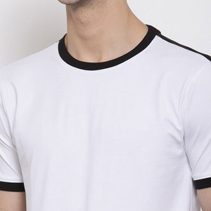 T-shirt blanc à manches courtes pour homme, col rond, bordure contrastée, coupe classique, coton, jersey tricoté, couleur unie, t-shirt décontracté - Product Image 6