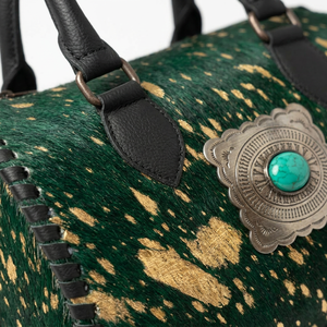 Nouveau sac de voyage de luxe sportif en cuir de vachette véritable couleur verte, résistant à l'eau, avec concho turquoise et noir - Product Image 4