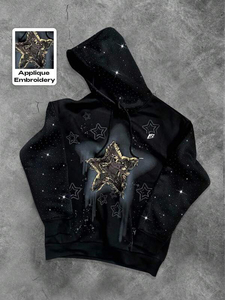 เสื้อฮู้ดดี้พิมพ์ลายดาวสีดำสำหรับทุกเพศ ทรงโอเวอร์ไซส์ สไตล์สตรีทแวร์ ผ้าฝ้ายฟลีซ 100%  กระเป๋าหน้าประดับเพชร  โลโก้สั่งทำได้ สไตล์ Y2K - Product Image 6