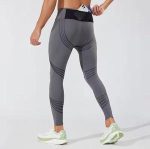 Leggings tricotés décontractés gris rayés taille haute pleine longueur en polyester respirant à compression pour femme toutes saisons sans couture - Product Image 2