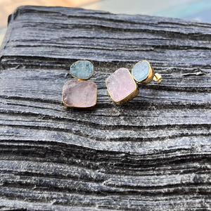 Aquamarine and Rose Quartz Drop <b>Earrings</b> 18K Gold Plated Brass Engagement Jewelry Unique Trendy Minimalist Fancy Design - Product Image 4