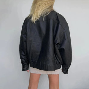 Manteau en cuir véritable tricoté à col montant de couleur unie pour femme, grande taille, avec fermeture éclair, manches longues, pour l'hiver - Product Image 2