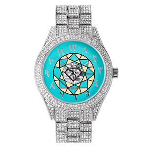 นาฬิกา Iced Out สำหรับผู้ชาย หน้าปัดสีเขียวอมฟ้า ตัวเลขแบบอารบิก สายคริสตัล สไตล์หรูหราทันสมัย - Product Image 4