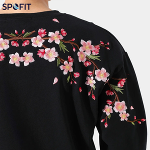 Men's Black Crew Neck Pullover Sweatshirt with <b>Cherry</b> Blossom Embroidery Regular Fit Casual Autumn Wear 100% Cotton Fleece - Product Image 6