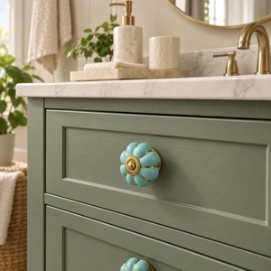 SHUBHAM Turquoise <b>Ceramic</b> Flower Cabinet <b>Knob</b> with Gold Accents Decorative <b>Drawer</b> Dresser Wardrobe Furniture Handle - Product Image 3