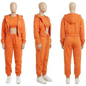 Ensemble de survêtement décontracté pour femme, en molleton de coton, avec sweat à capuche court zippé et pantalon de jogging, couleur orange, style streetwear, deux pièces - Product Image 5