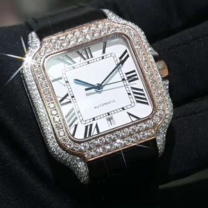 Montre rectangulaire automatique de luxe pour femme, incrustée de diamants, boîtier en or jaune, bracelet en cuir, cadran en cristal saphir de 38 mm - Product Image 1
