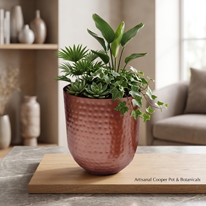 Pot de fleurs décoratif en métal, surface martelée, ton cuivre, jardinière pour décoration intérieure, vente en gros, fabricant OEM - Product Image 1
