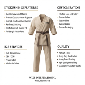 WIZE INTERNATIONAL Karate Gi Beige 100% Algodón Transpirable Uniforme Unisex para Adultos con Logotipo en la Manga Izquierda - Product Image 6