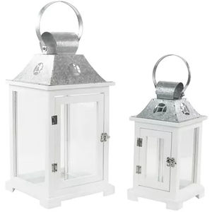 <b>Set</b> Of 2 White Wooden Candle <b>Lanterns</b> With Galvanized Metal Tops Farmhouse Style Decorative Indoor Outdoor Hanging <b>Lanterns</b> - Product Image 1