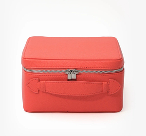 Leather cosmetic travel bag Medium size <b>makeup</b> <b>case</b> Zipper closure <b>makeup</b> bag Elegant soft handle bag - Product Image 1