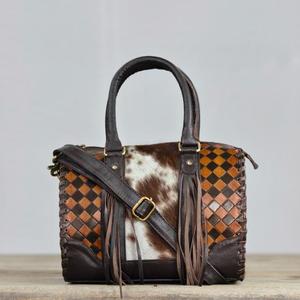 Sac Speedy en cuir avec panneau en cuir de vachette, motif damier, fermeture éclair, détail pompon, style décontracté - Product Image 1