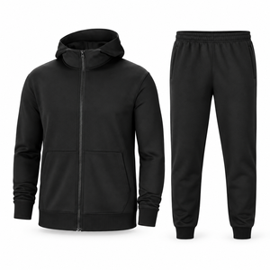 Ensemble de survêtement noir uni à capuche pour homme – Veste zippée intégrale et pantalon de jogging – Tenue de sport décontractée à manches longues – Vente en gros - Product Image 4