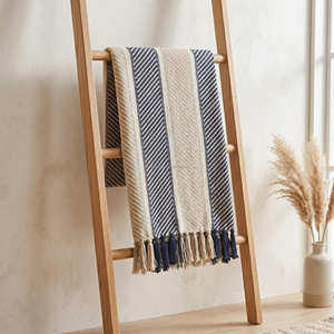 Color Block Mustard Blue Cotton Lounge Throw 130x170 cm Wide Stripe Woven Sofa Throw Aesthetic Decor - Product Image 3