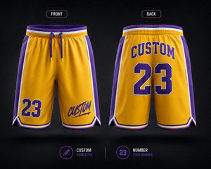 Pantalones cortos de baloncesto personalizados para hombre, amarillos y morados, número 23, con cordón, franja lateral, estampado por sublimación, ropa deportiva informal - Product Image 1