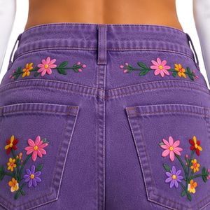 Shorts en jean taille haute pour femmes, couleur violette, avec broderie florale colorée, shorts décontractés d'été, fabricant OEM ODM sur mesure - Product Image 6