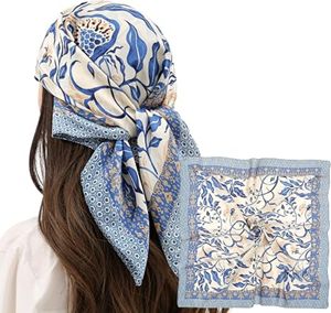 FAB UNITED GEARS Ethnic Solid Silk <b>Square</b> <b>Scarf</b> Blue Cream Casual Skin-Friendly Quick Dry Summer Adult Multi-Functional - Product Image 2