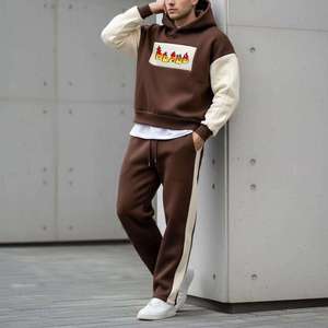 Ensemble de survêtement à capuche pour homme, marron et crème, avec sweat-shirt en coton et pantalon de jogging long avec poches latérales - Product Image 5