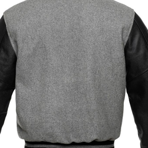 Chaqueta Varsity Gris para Hombre con Mangas de Cuero Negro, Cuello Camisero, Corte Regular, Color Sólido, Cierre de Cremallera, para Otoño - Product Image 5