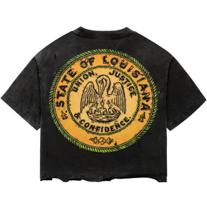 Men's Regular Fit Formal Knitted T-Shirt <b>Black</b> Cotton Vintage Louisiana State Seal Print Front Logo Short Sleeve <b>Turtleneck</b> - Product Image 1