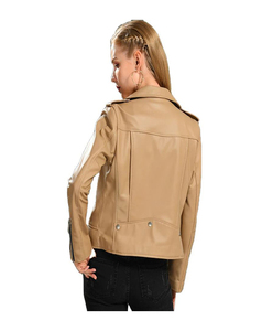 Chaqueta de Motociclista de Cuero PU Color Bronceado para Mujer, con Cierre de Cremallera, Cuello Camisero, Manga Larga, Estilo Otoñal - Product Image 2
