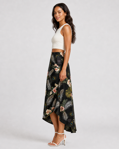 Jupe longue maxi à taille haute imprimé floral paon de qualité supérieure pour femme, vente en gros, fabricant sur mesure, jupe longue asymétrique pour l'été et la plage - Product Image 3