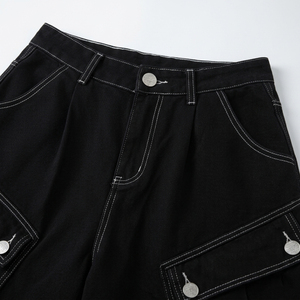 Pantalones Cortos Cargo de Mezclilla Negra Gruesa Personalizados para Hombre, con Costuras en Contraste, Multibolsillos, Estilo Holgado, Hip Hop, Streetwear, Ropa de Trabajo - Product Image 4
