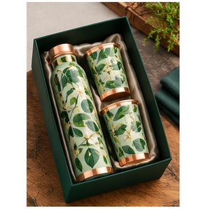 Designer Floral Leaf Pattern Copper Trim Thermos Set Portable Travel Drinkware <b>Metal</b> <b>Water</b> <b>Bottle</b> with Lids Green Design - Product Image 1